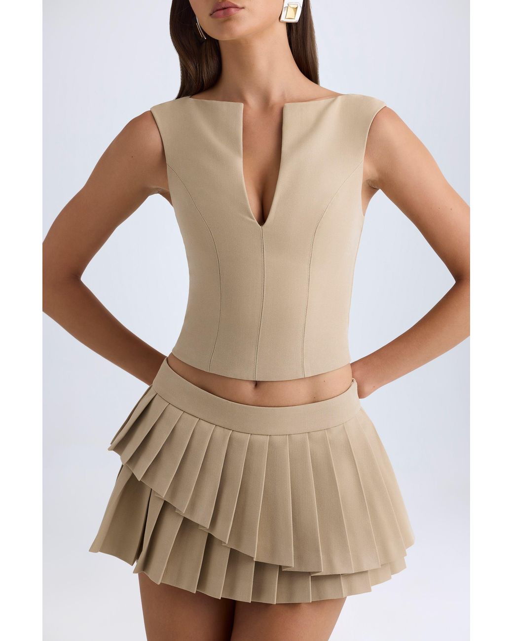 Oh Polly Natural Layered Pleated Low-Rise Mini Skirt