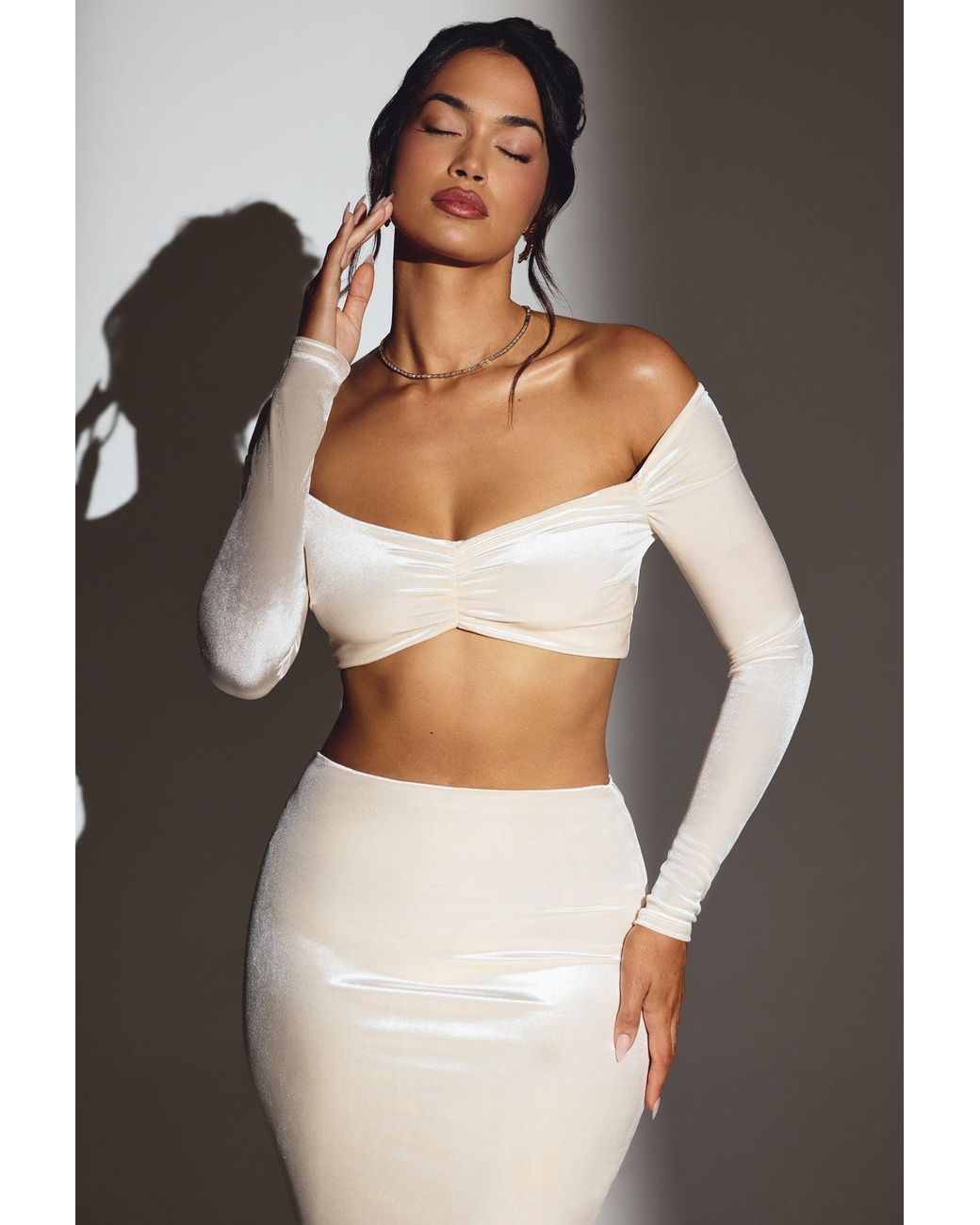 Oh Polly White Velvet Off-Shoulder Ruched Crop Top
