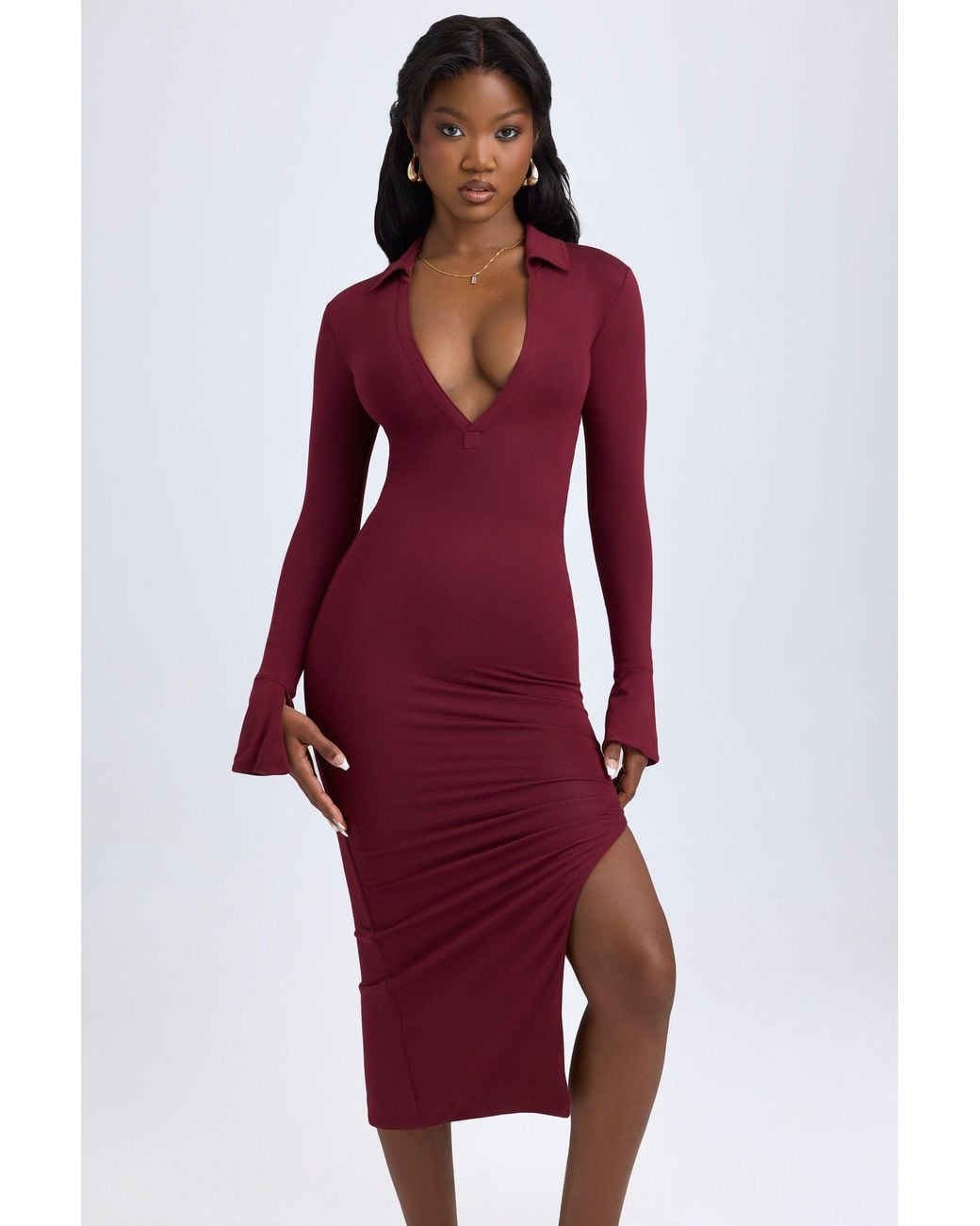 Oh Polly Red Modal Plunge V-Neck Midaxi Dress