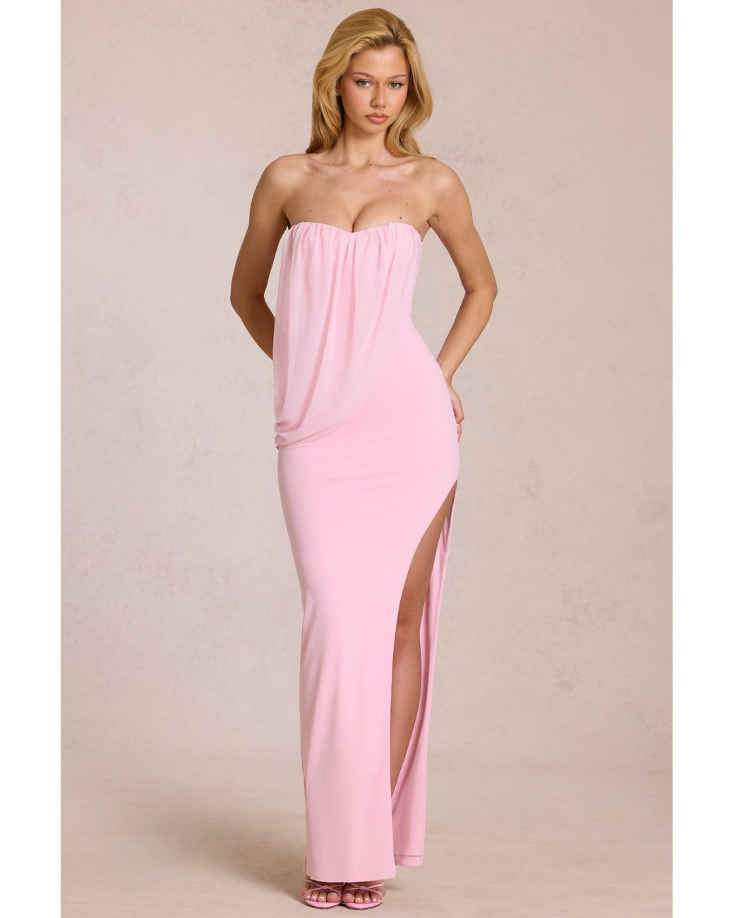 Oh Polly Pink Bandeau Draped Maxi Dress