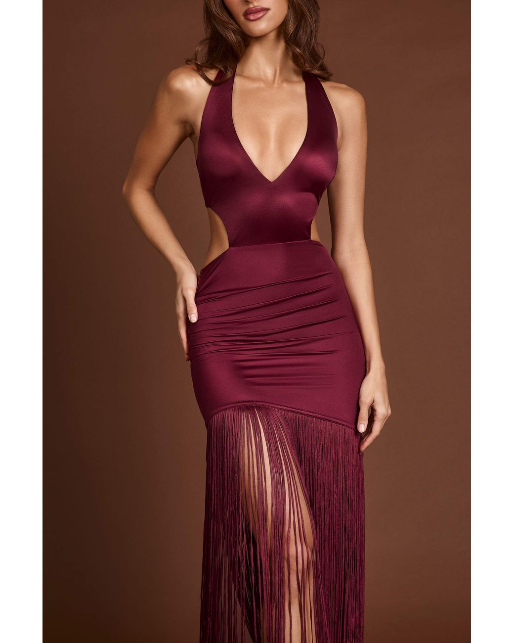 Oh Polly Red Fringed Plunge-Neck Maxi Dress