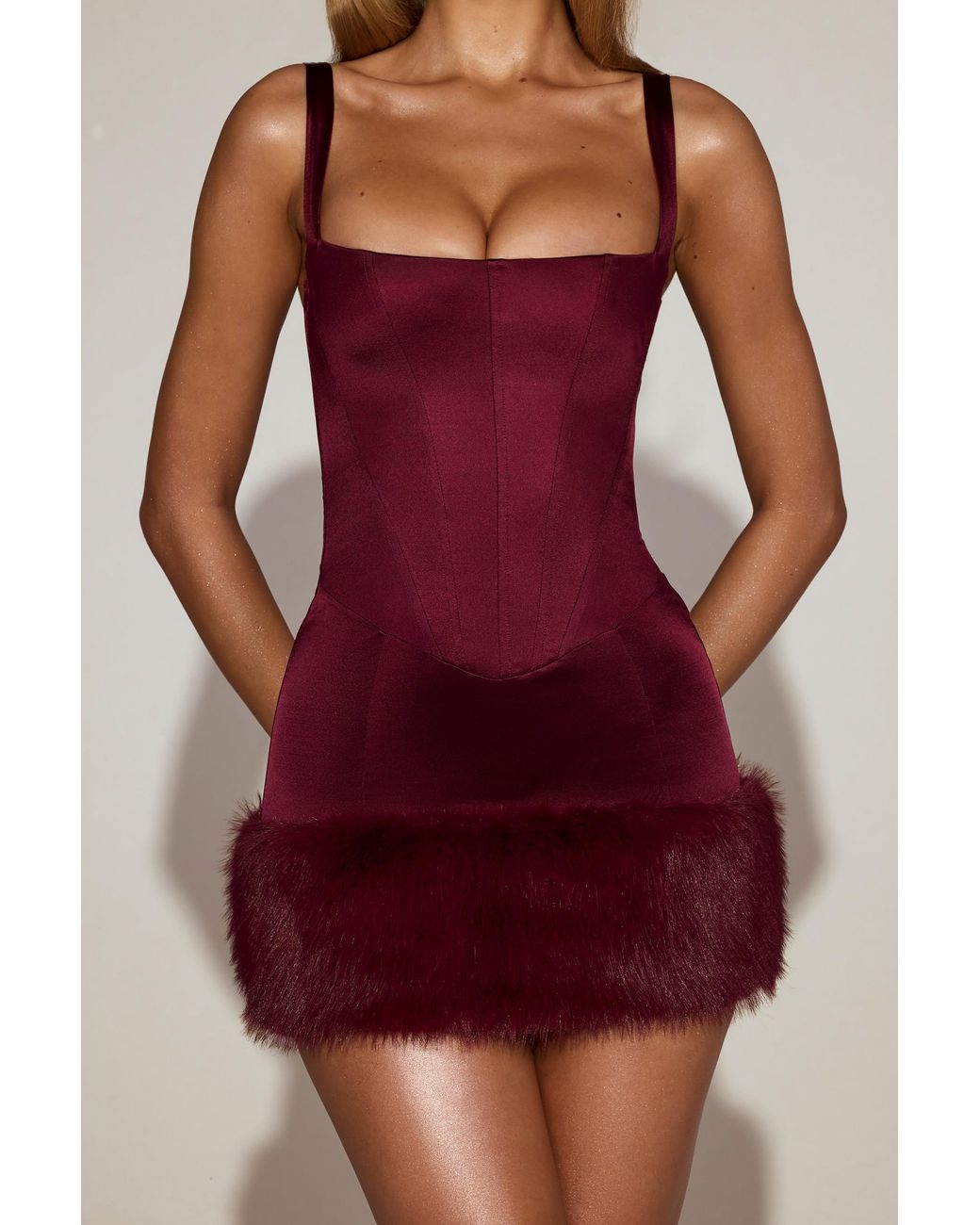 Oh Polly Red Satin Square-Neck Corset Faux-Fur Mini Dress