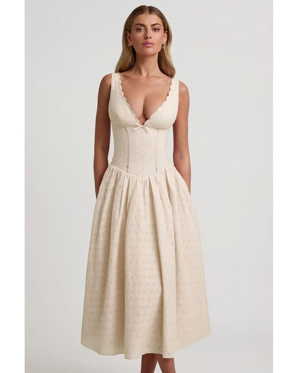 Oh Polly White Broderie Anglaise Bow-Detail A-Line Midaxi Dress