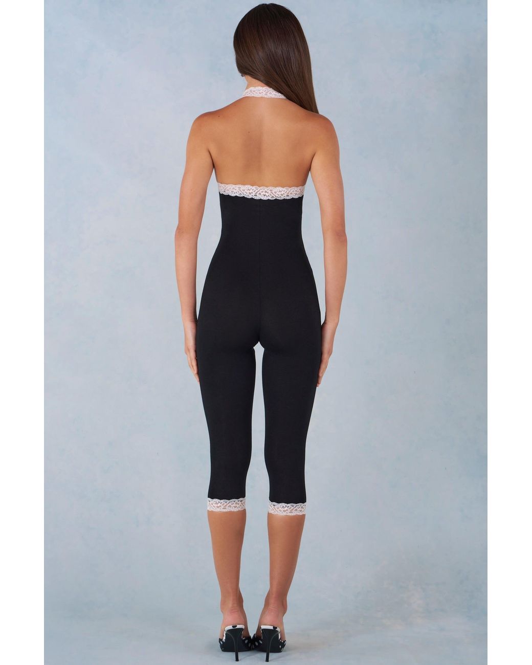 Oh Polly Black Modal Lace-Trim Capri Jumpsuit