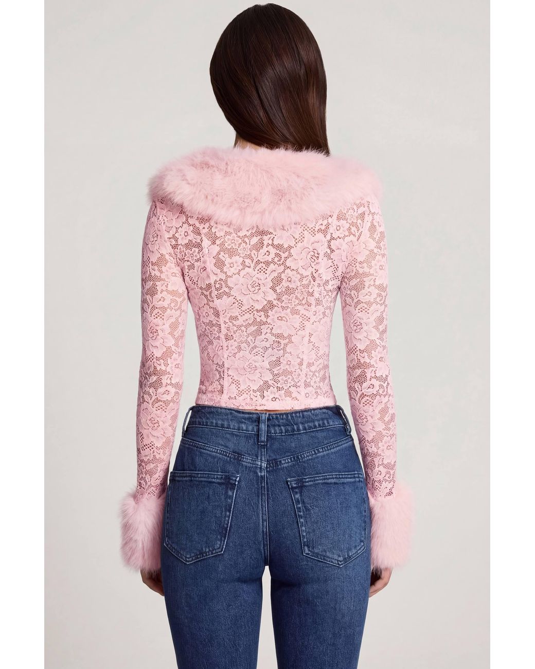 Oh Polly Pink Sheer Lace Faux-Fur-Trim Cardigan