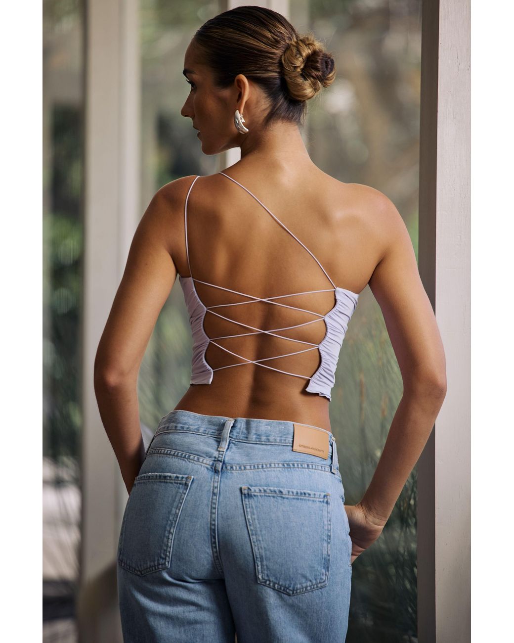 Oh Polly Purple One-Shoulder Lace-Up Top