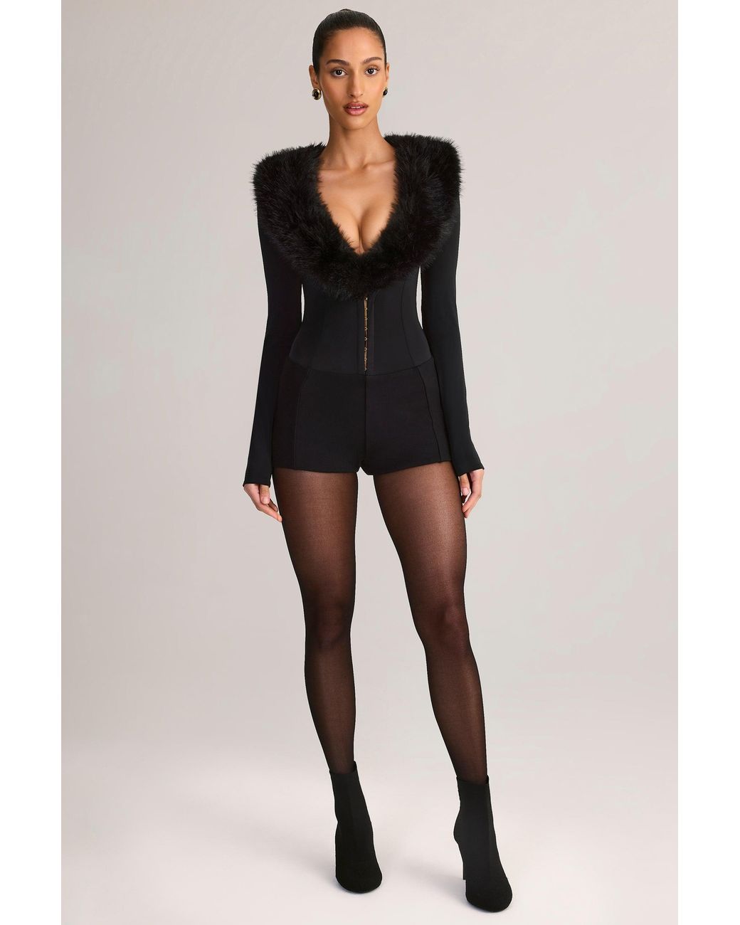 Oh Polly Black Faux Fur-Trim Corset Playsuit