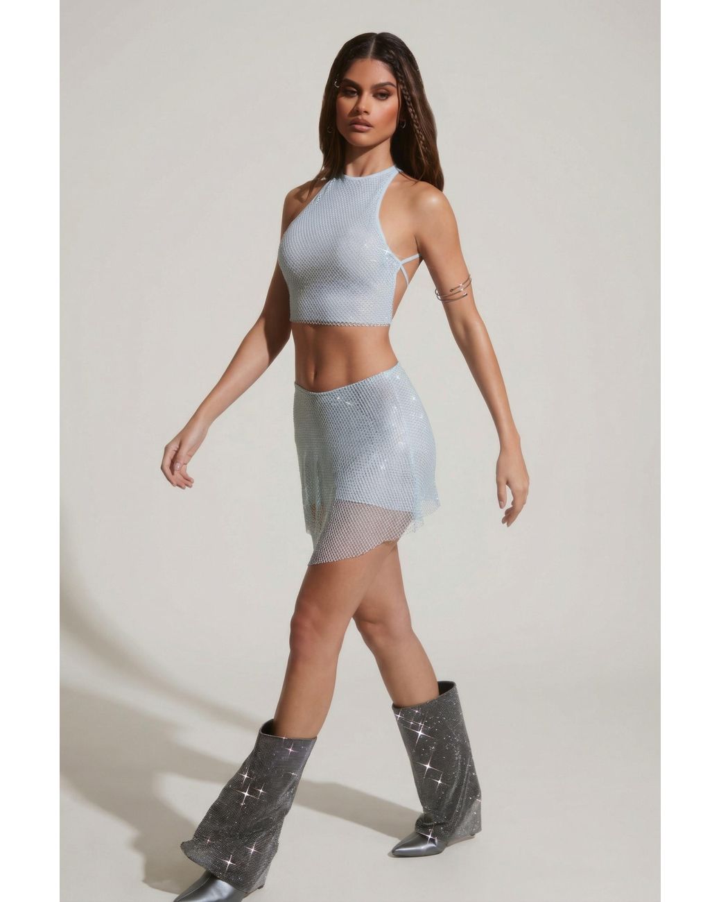 Oh Polly Blue Embellished Mid Rise Mini Skirt
