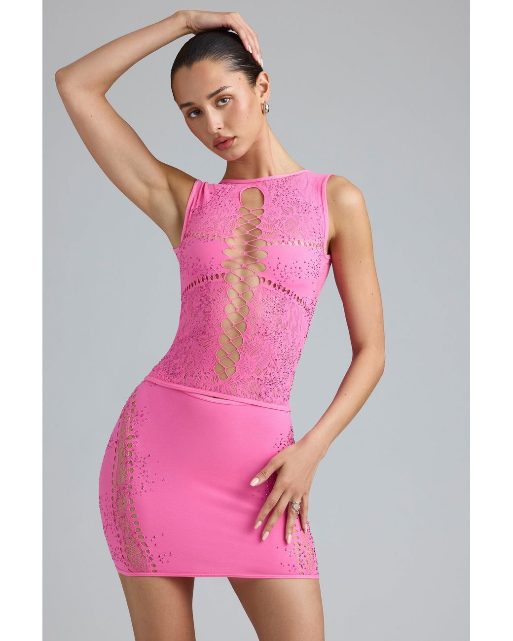 Oh Polly Pink Embellished Mid-Rise Mini Skirt