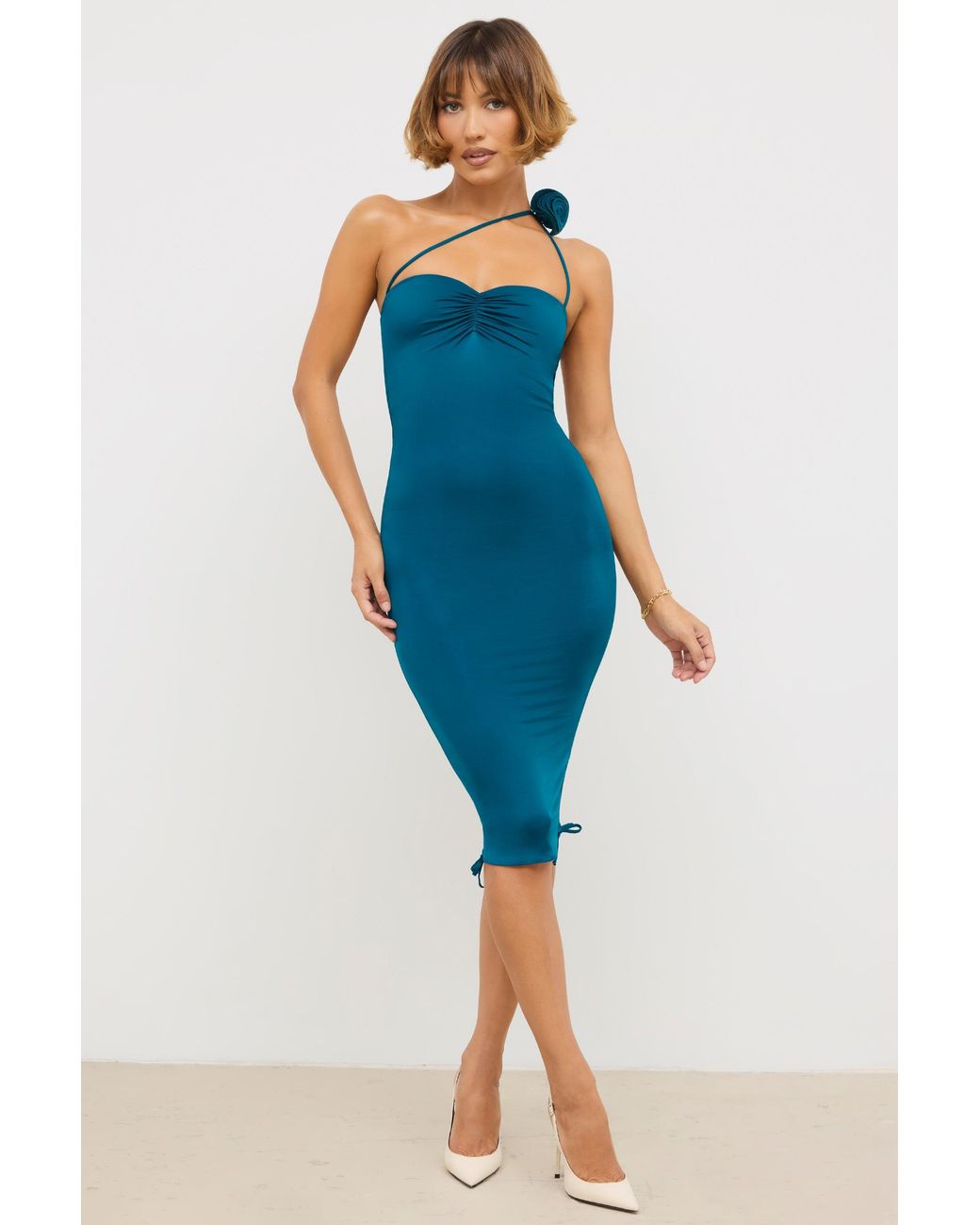 Oh Polly Green Slinky Jersey Rose Detail Ruched Mini/Midi Dress