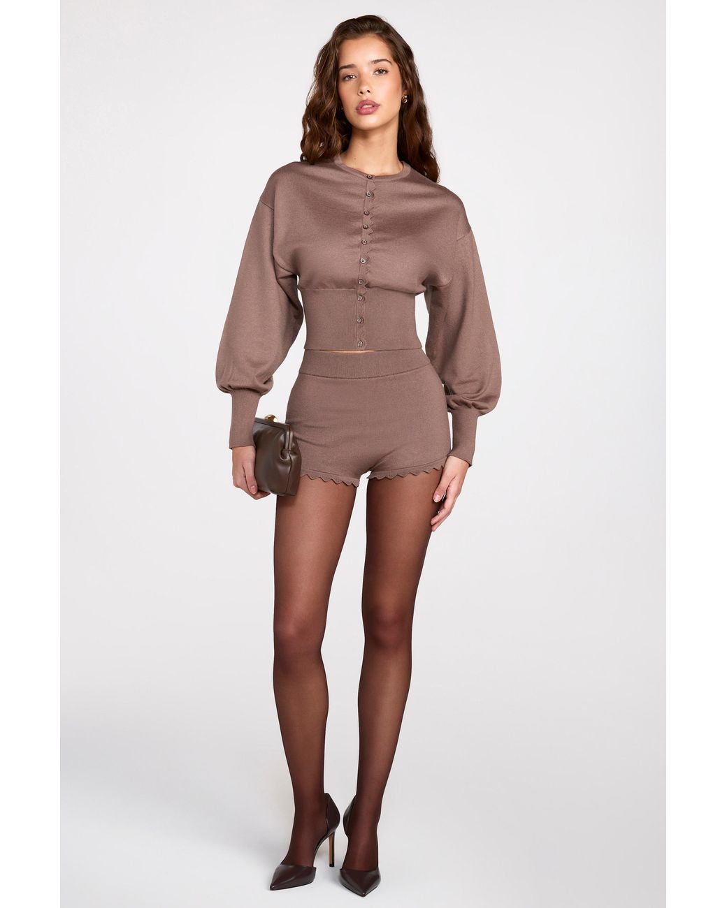 Oh Polly Brown Knit Mid-Rise Mini Shorts