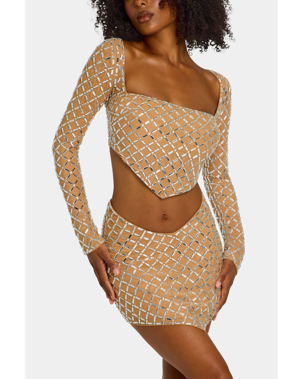 Oh Polly Natural Embellished Asymmetric Mid-Rise Mini Skirt