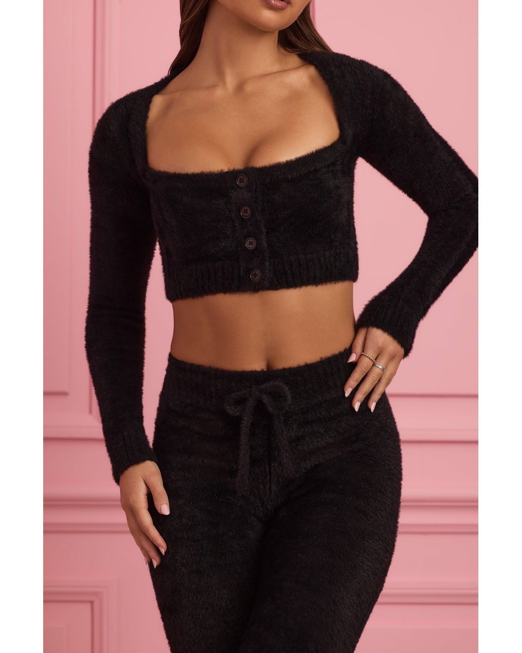 Oh Polly Black Fluffy Knit Cropped Cardigan