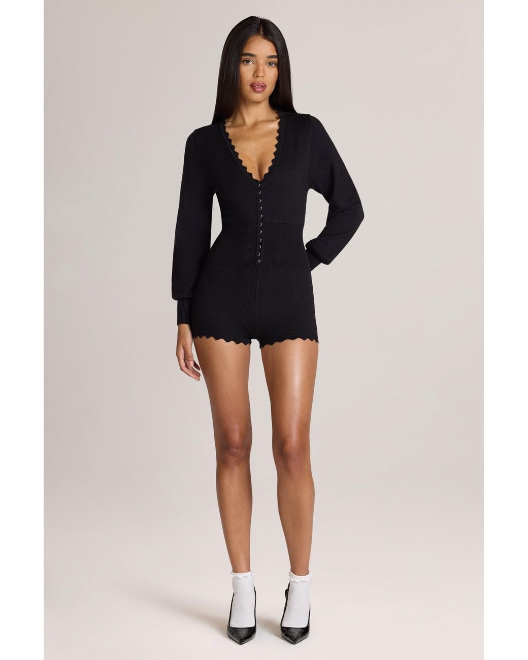Oh Polly Black Knit Long-Sleeve Romper