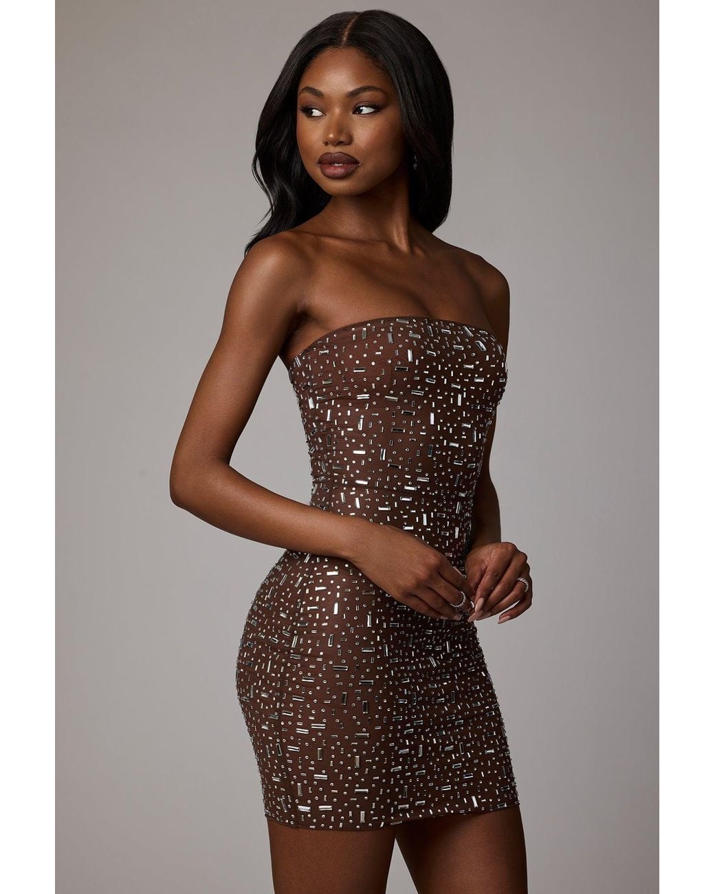 Oh Polly Brown Sheer Embellished Bodycon Mini Dress