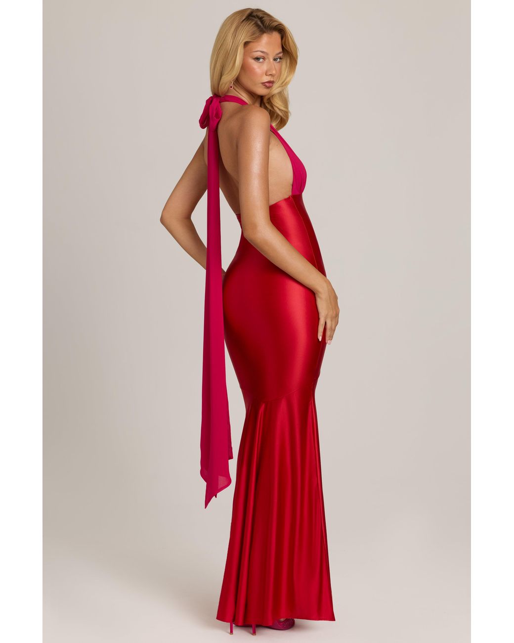 Oh Polly Red Satin Jersey Maxi Dress
