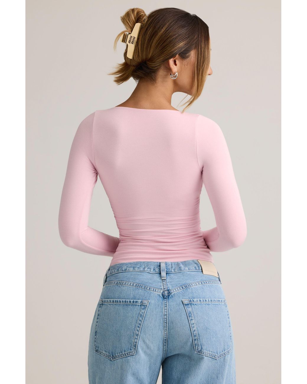 Oh Polly Pink Modal Ruched Long-Sleeve Top