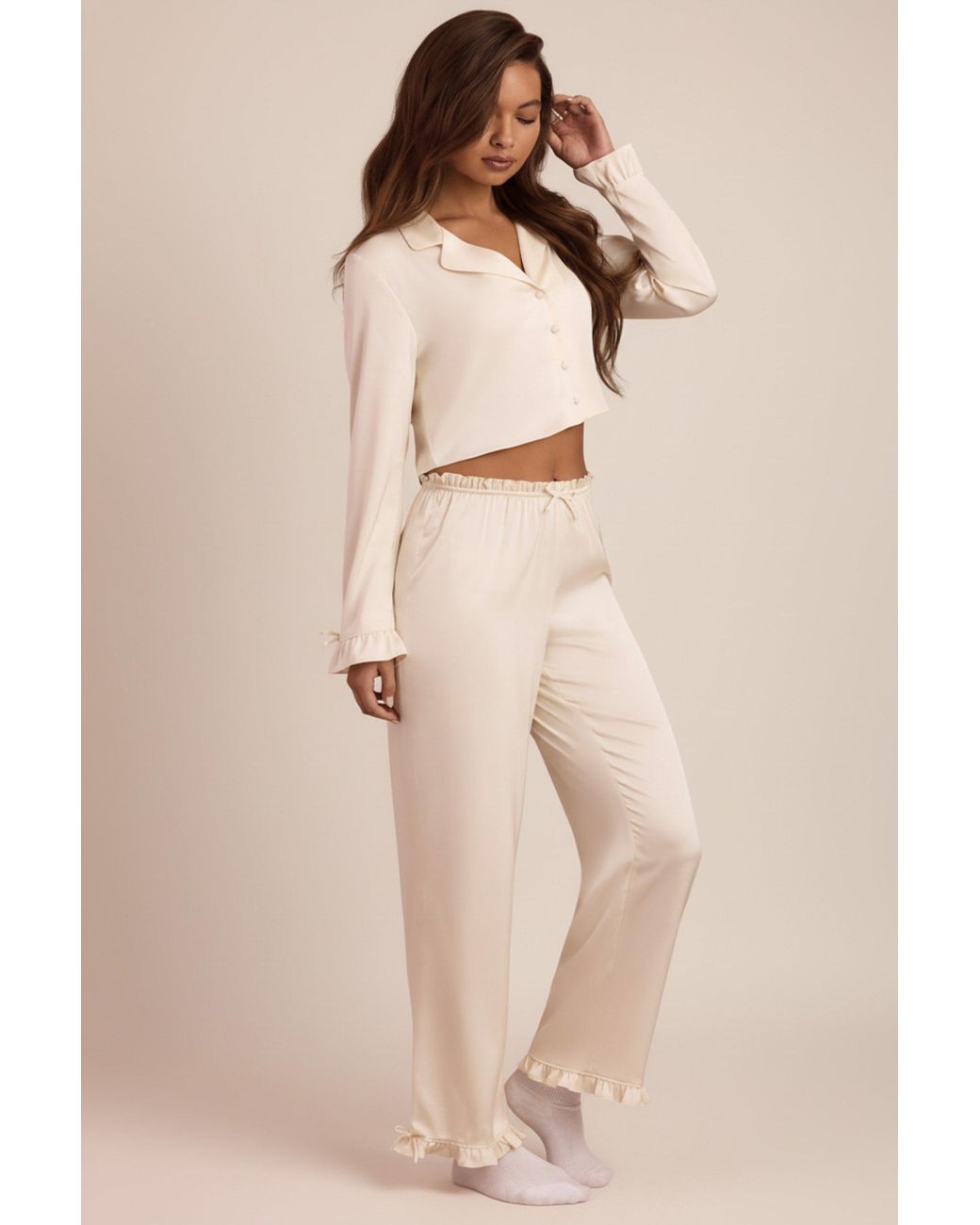 Oh Polly White Ruffle-Trim Mid-Rise Pyjama Trousers