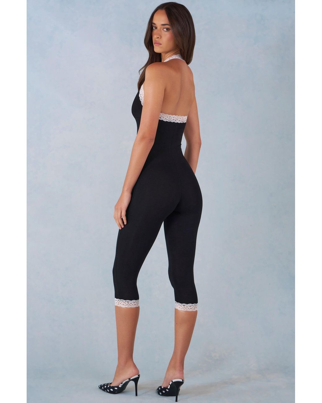 Oh Polly Black Modal Lace-Trim Capri Jumpsuit