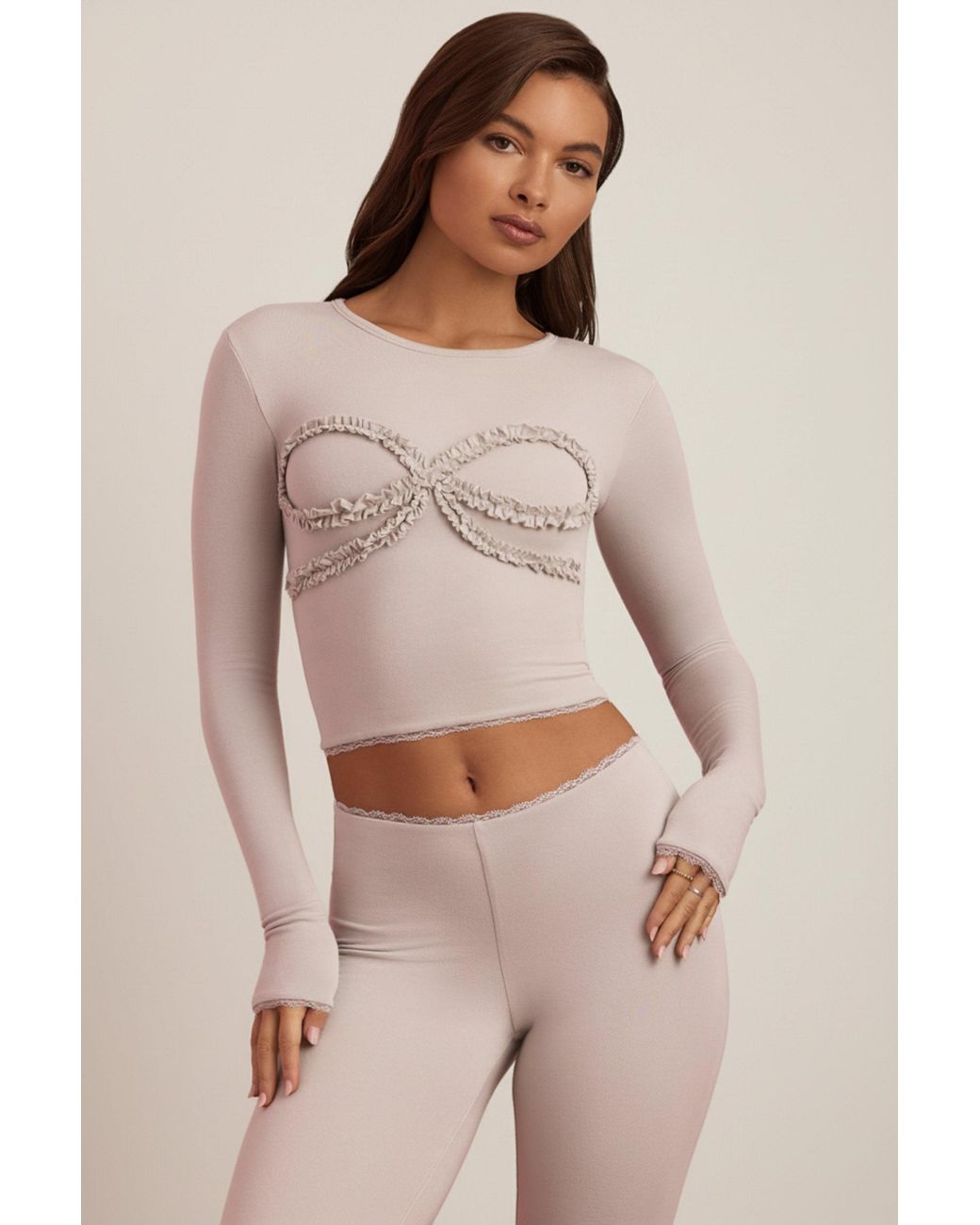 Oh Polly Gray Modal Lace-Trim Appliqué Pyjama Top