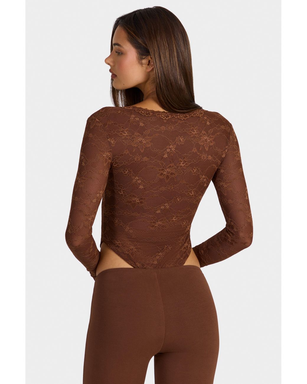 Oh Polly Brown Lace Long-Sleeve Bodysuit