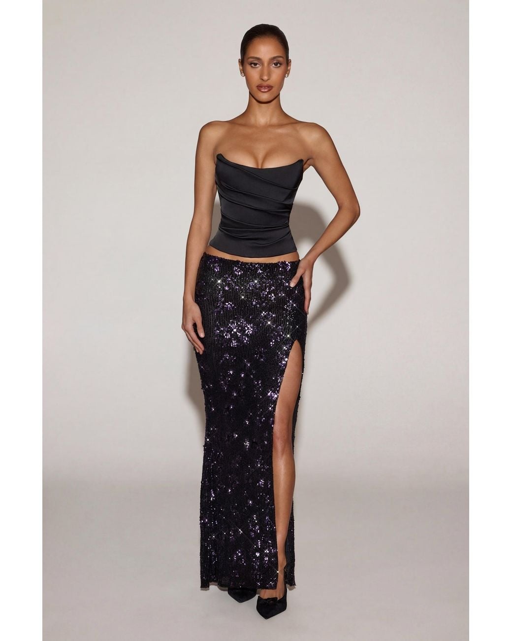 Oh Polly Black Embellished Mid-Rise Thigh-Split Maxi Skirt