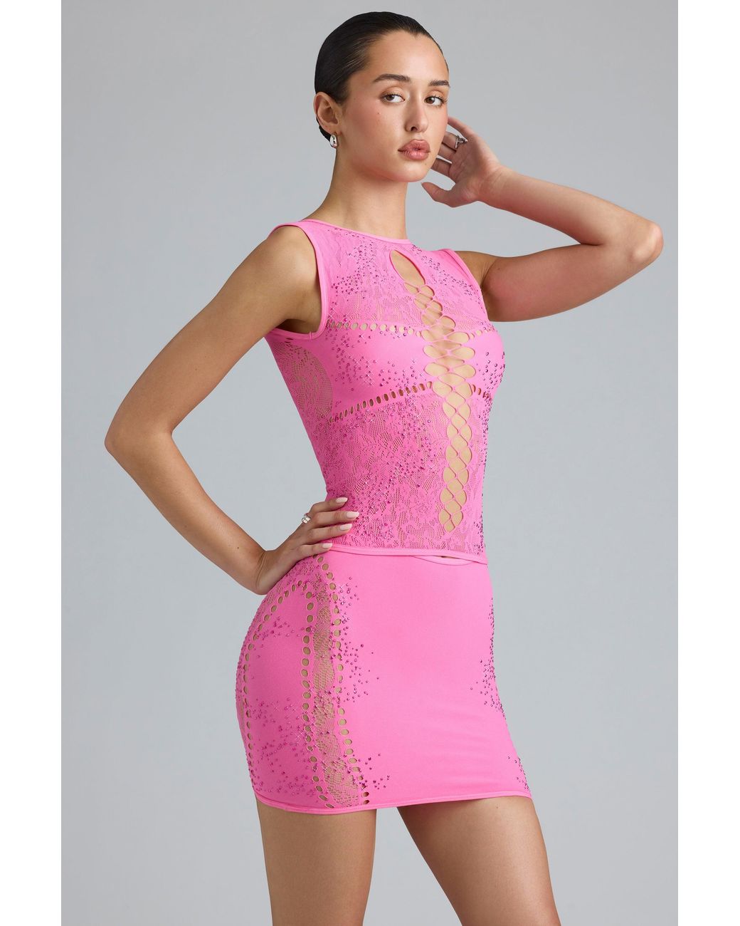 Oh Polly Pink Embellished Mid-Rise Mini Skirt
