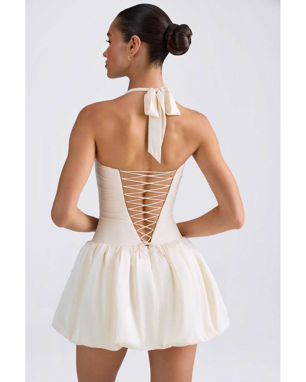 Oh Polly White Halterneck Lace-Up Bubble Hem Corset Micro Mini Dress