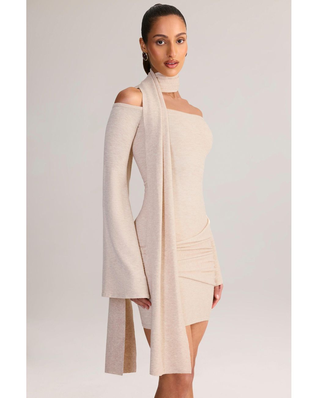 Oh Polly White Knit Scarf-Detail Off-Shoulder Mini Dress