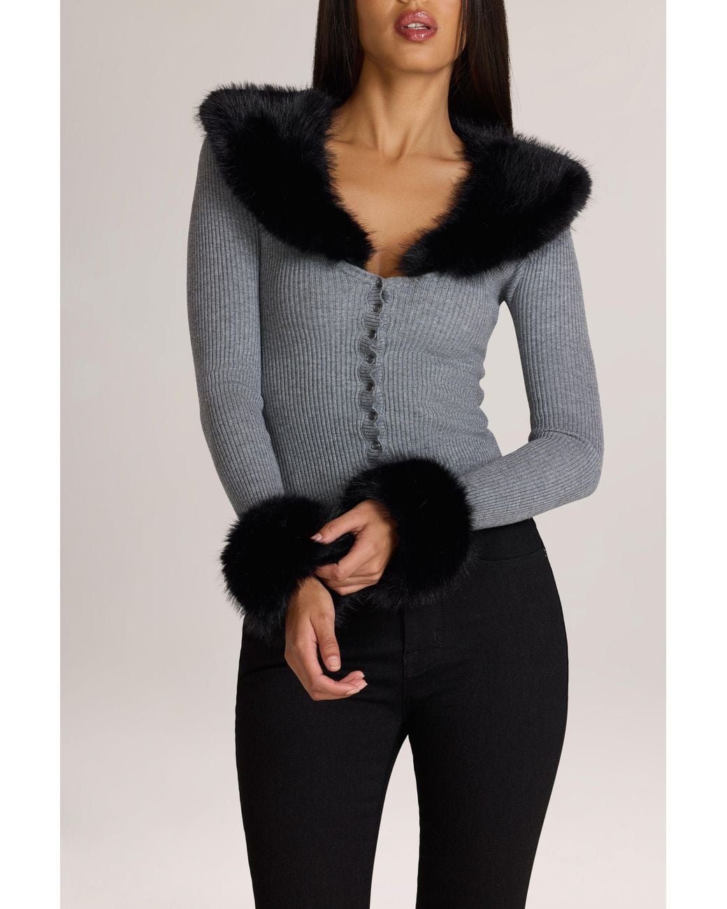 Oh Polly Gray Knit Faux-Fur-Trim Cardigan