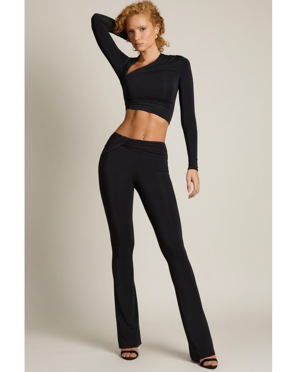 Oh Polly Black Asymmetric Draped Mid-Rise Flared Trousers