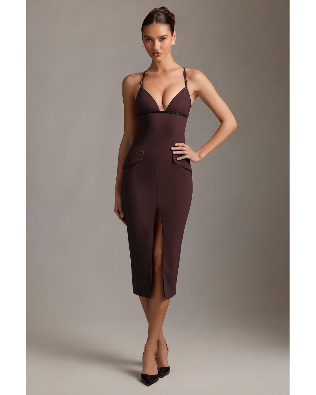 Oh Polly Brown Plunge-Neck Backless Midaxi Dress
