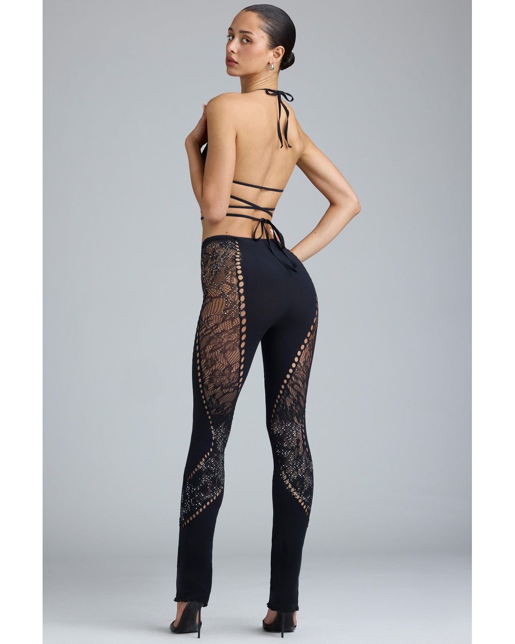 Oh Polly Black Embellished Mid-Rise Flared Trousers