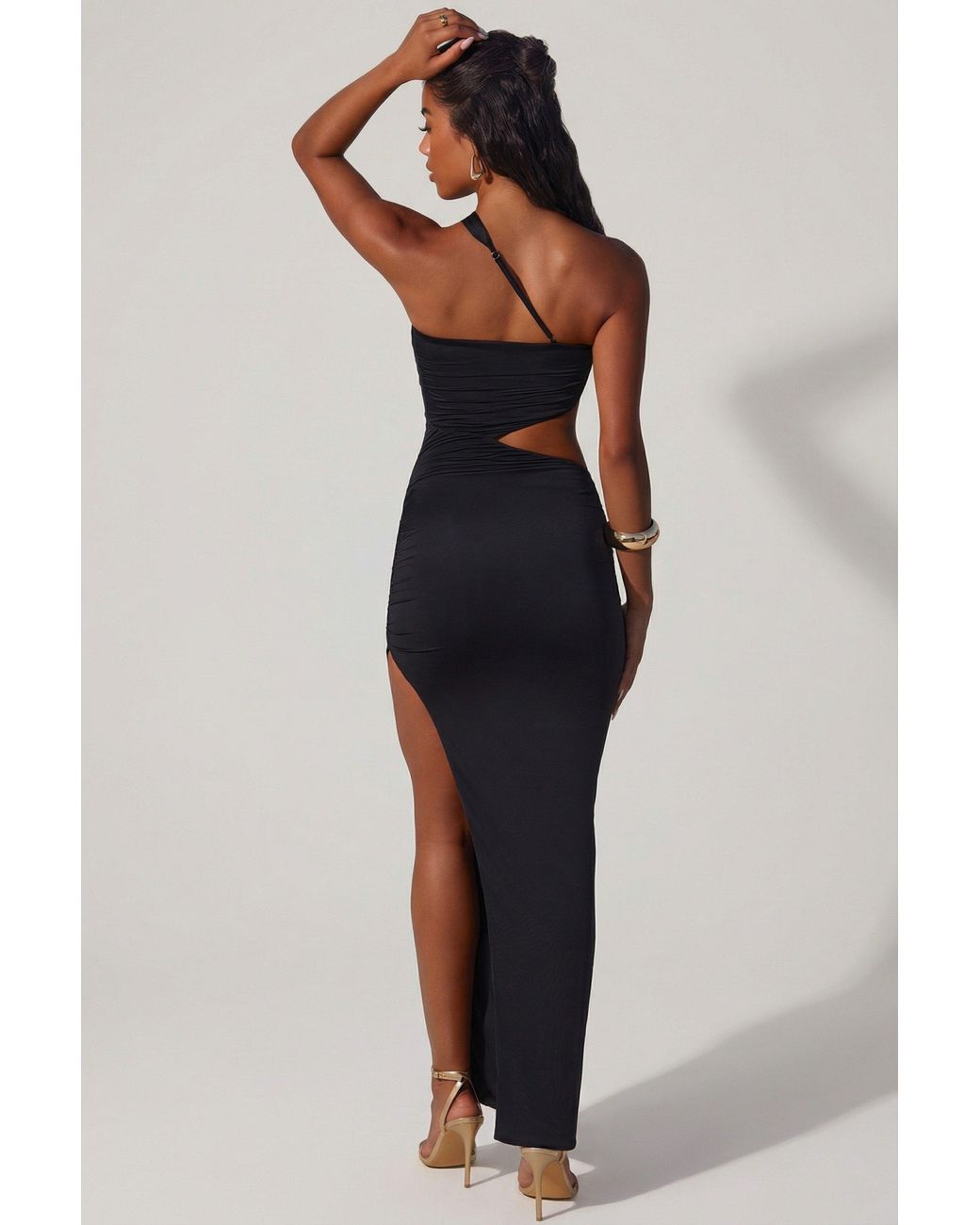 Oh Polly Black Asymmetric Neckline Ruched Cut Out Maxi Dress