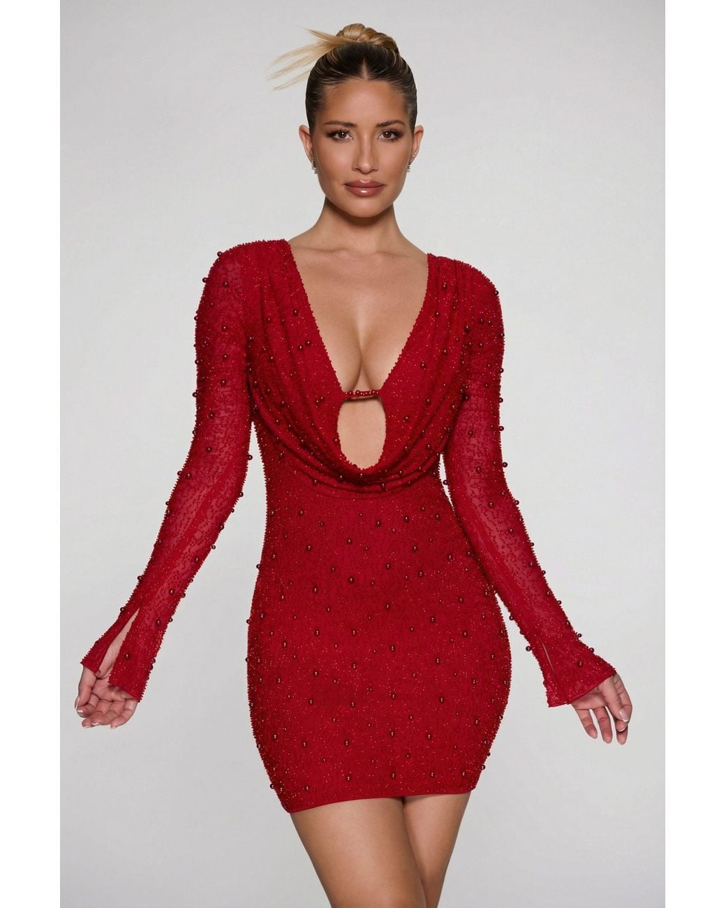 Oh Polly Red Long Sleeve Deep Plunge Mini Dress