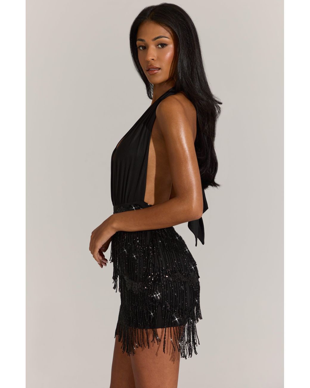 Oh Polly Black Fringed Skirt Halterneck Mini Dress