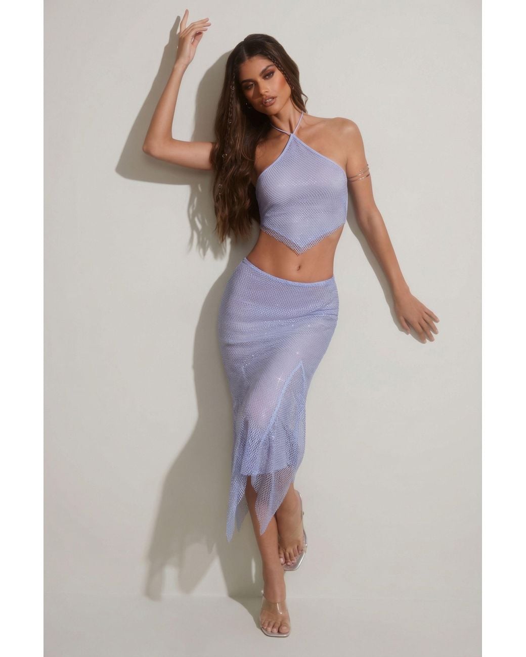 Oh Polly Blue Embellished Handkerchief Hem Midaxi Skirt