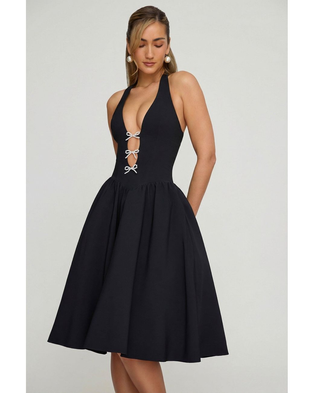 Oh Polly Black Halterneck Bow-Detail Midi Dress