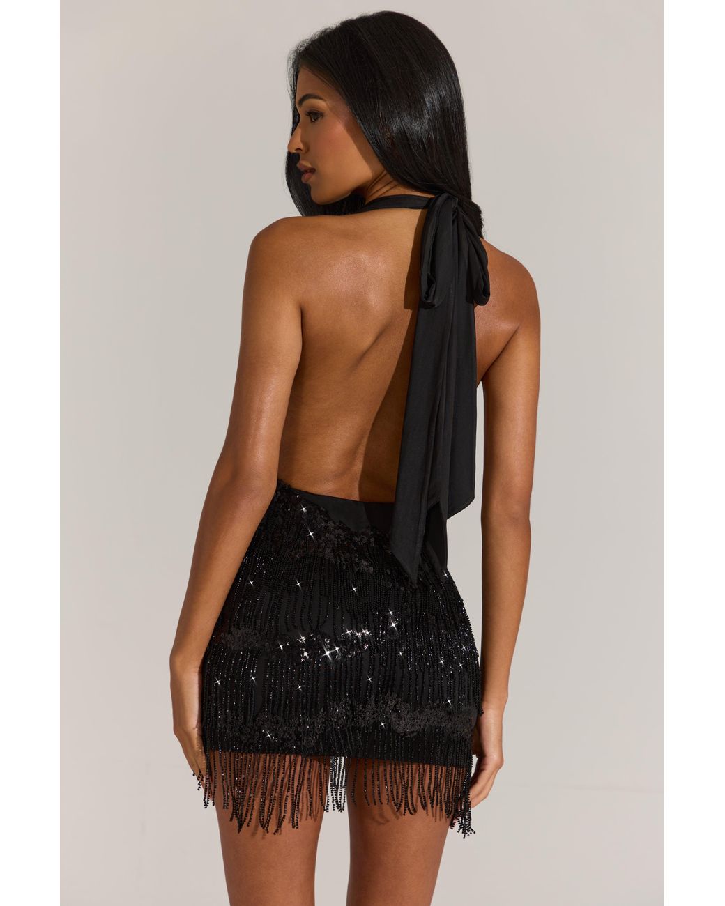 Oh Polly Black Fringed Skirt Halterneck Mini Dress