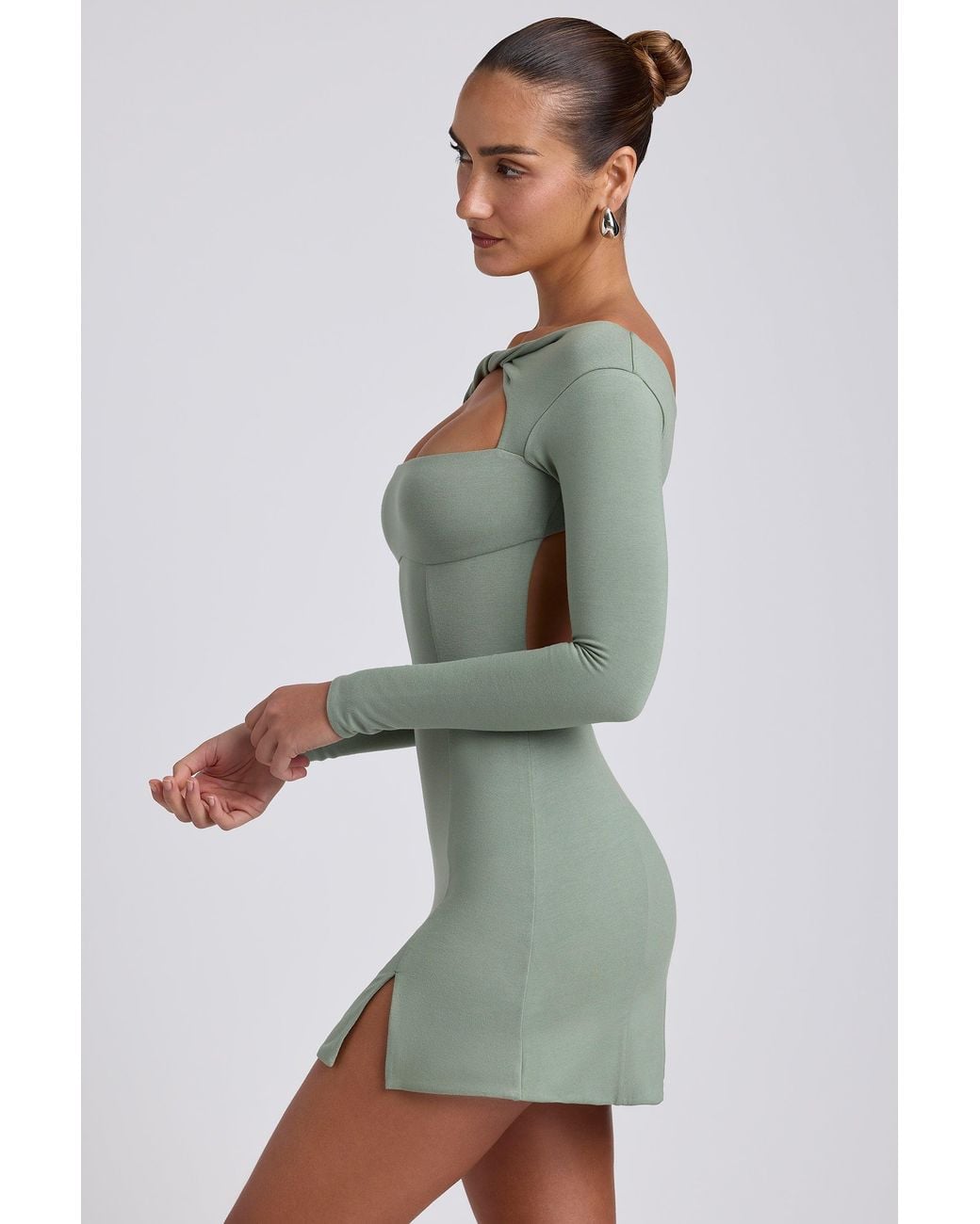 Oh Polly Green Modal Twist-Front Long-Sleeve Mini Dress