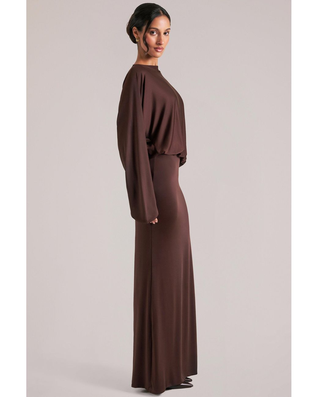 Oh Polly Brown Long-Sleeve Draped Maxi Dress