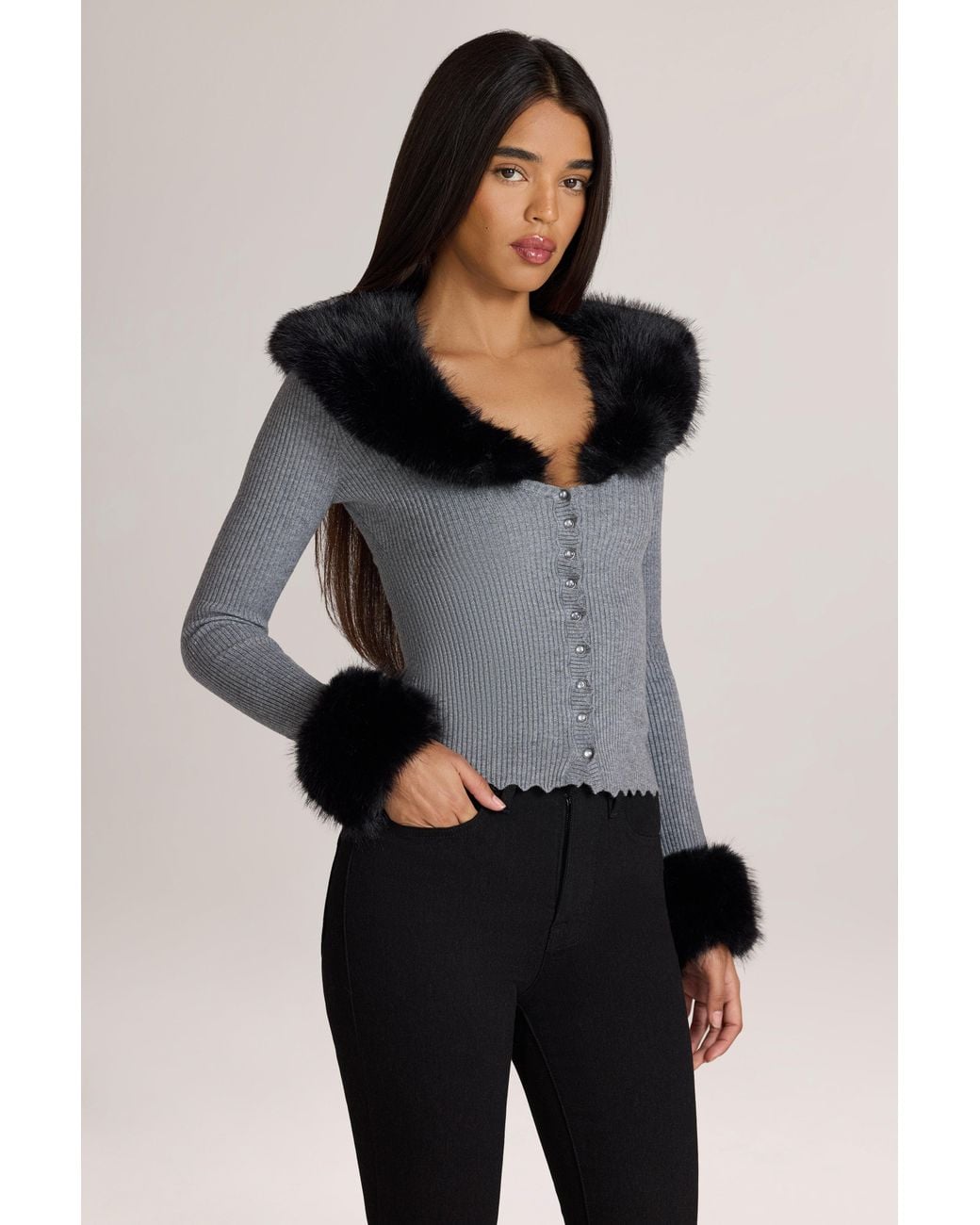 Oh Polly Gray Knit Faux-Fur-Trim Cardigan