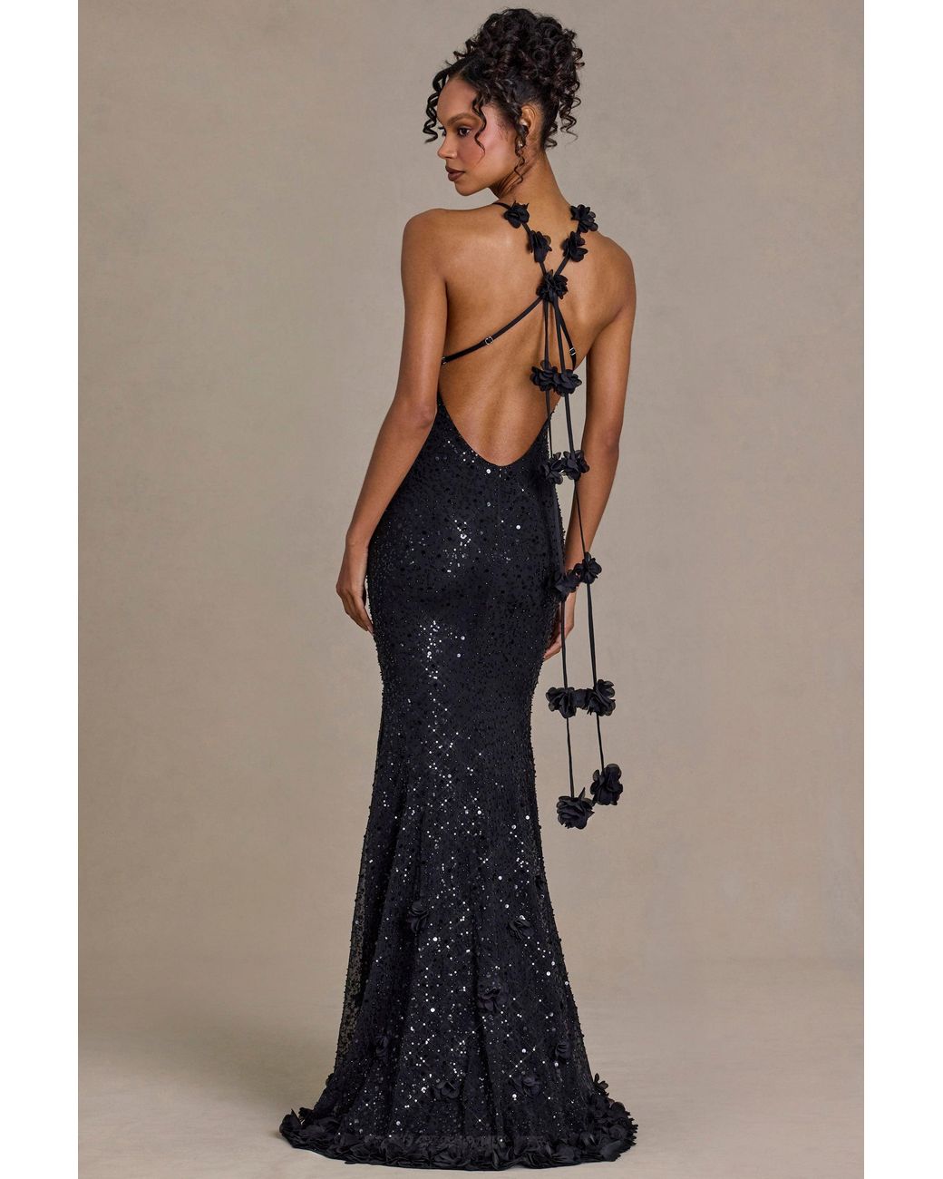 Oh Polly Black Embellished Plunge Open-Back Gown