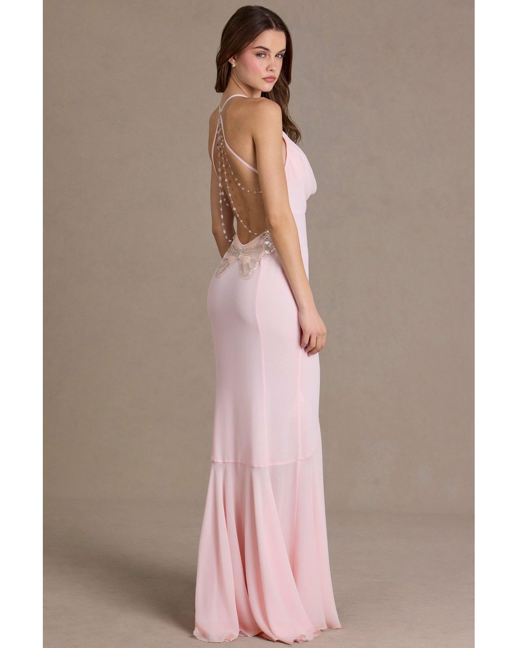 Oh Polly Pink Chiffon Cowl-Neck Open-Back Gown
