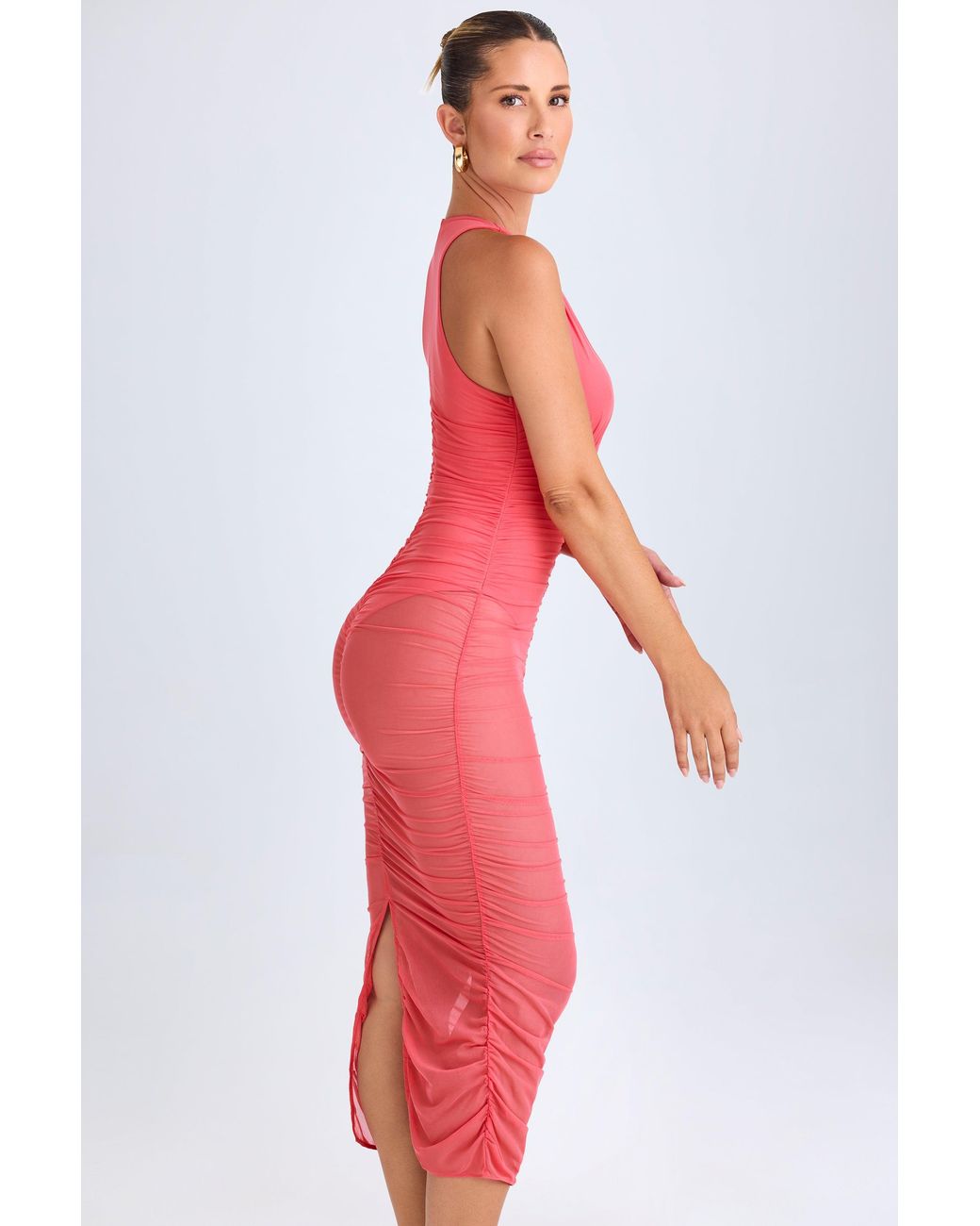 Oh Polly Pink Ruched Plunge Midaxi Dress