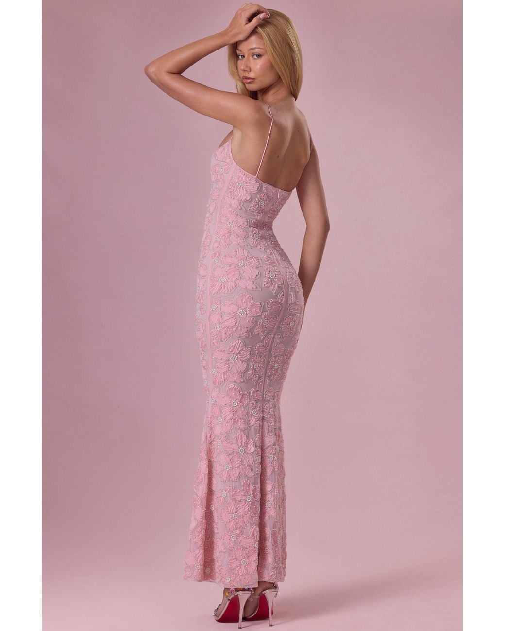 Oh Polly Pink Embellished Square Neck Maxi Dress