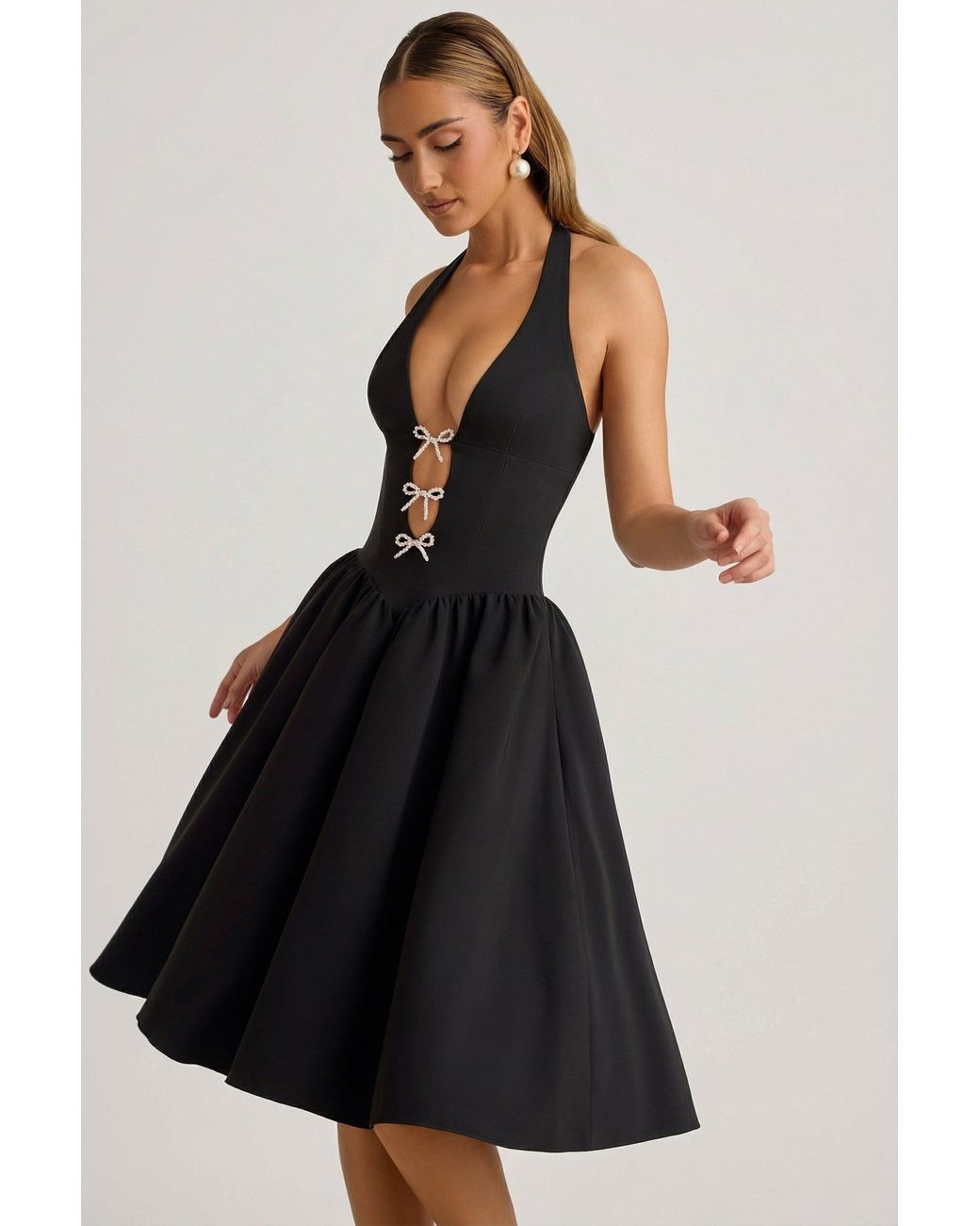 Oh Polly Black Halterneck Bow-Detail Midi Dress