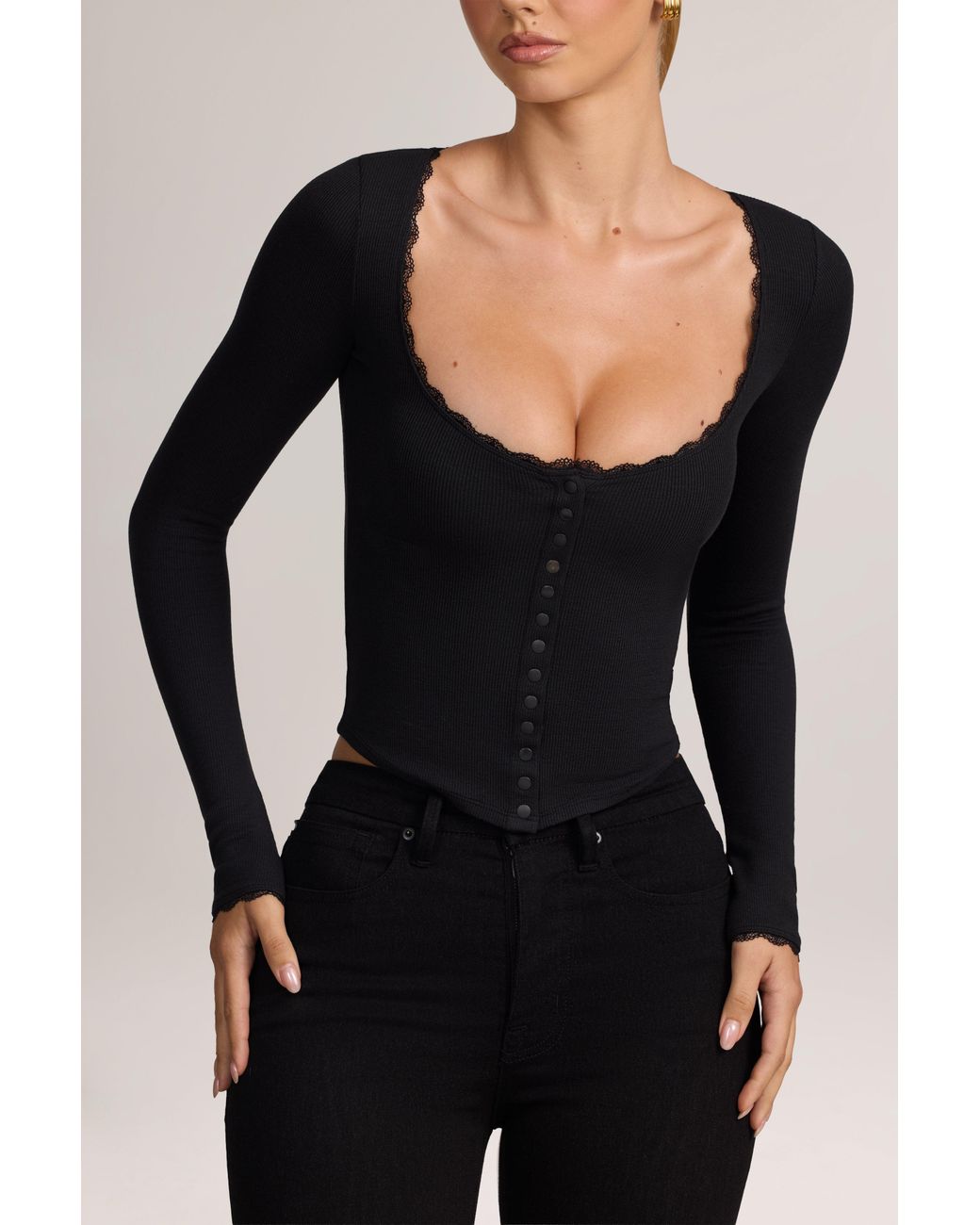 Oh Polly Black Ribbed Modal Lace-Trim Cardigan