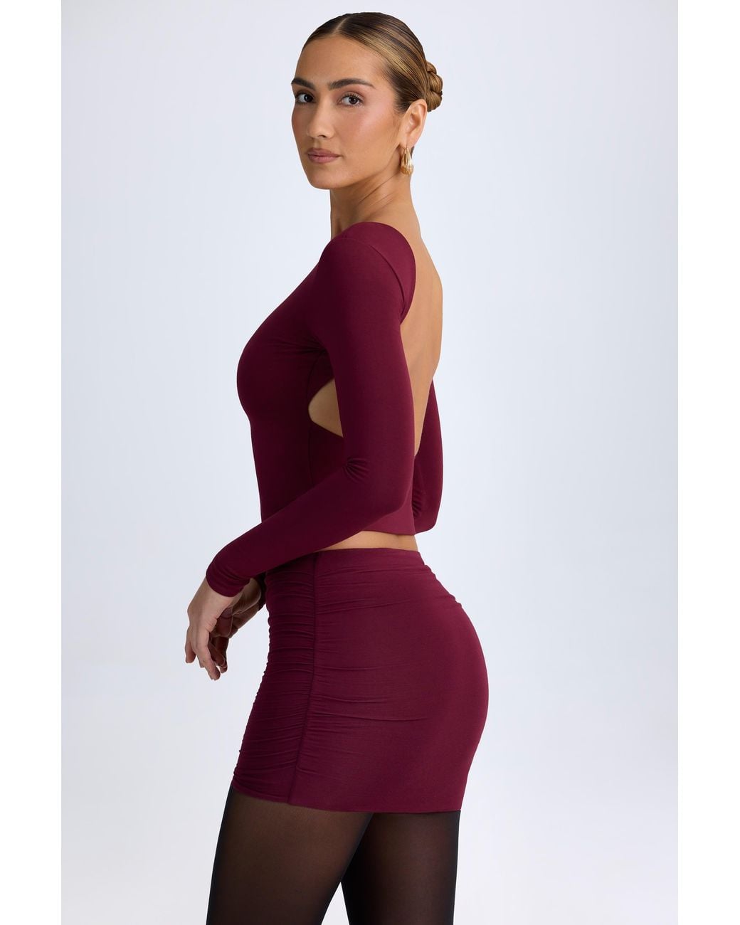 Oh Polly Red Modal High Neck Long Sleeve Open Back Top