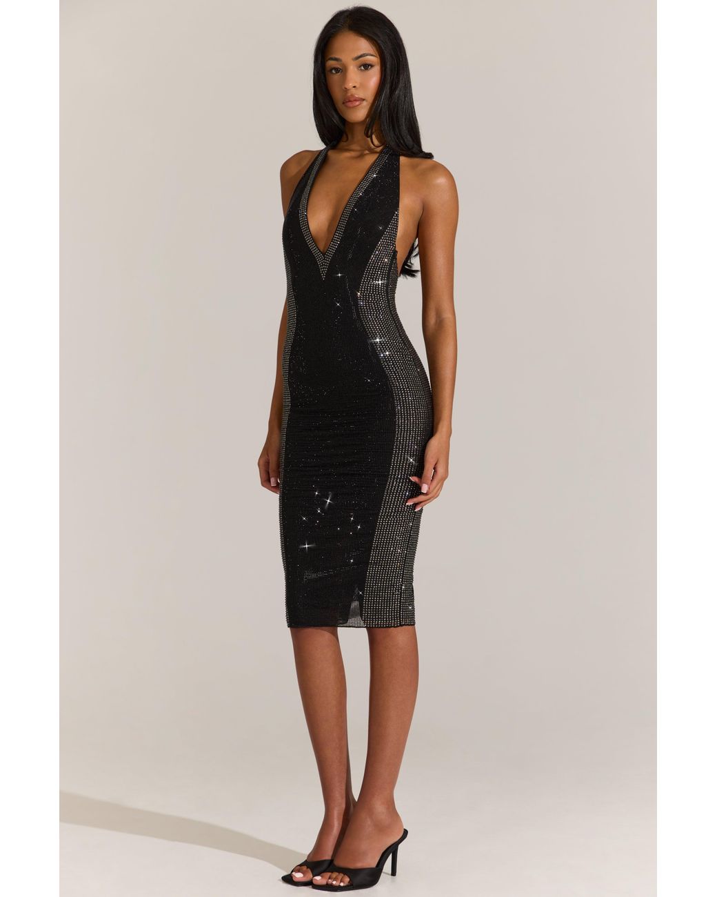 Oh Polly Black Embellished Plunge Halterneck Midi Dress